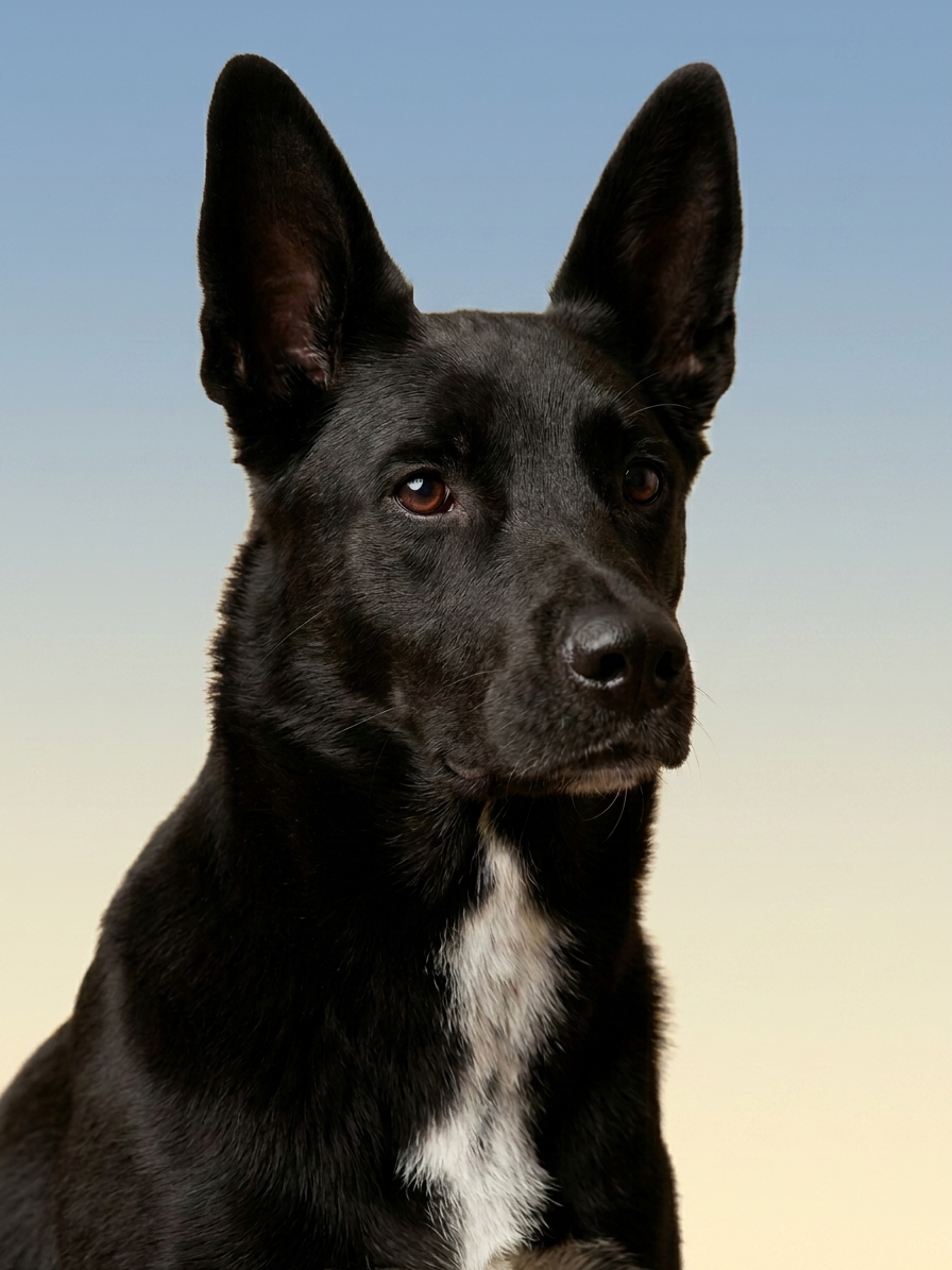 Bruce, o cão que inspirou a Forever Boo, em pose de três quartos com fundo degradê azul